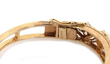 Fire Opal 14k Yellow Gold Fancy Textured Floral Bangle Bracelet