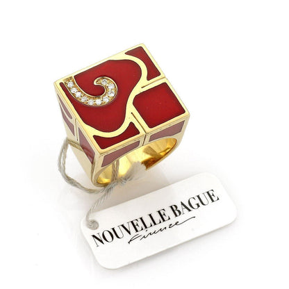 Nouvelle Bague Diamond Enamel 18k Gold Square Ring - Size 8.5