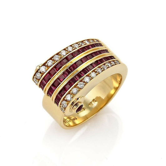 Gioielli Graser 1.50ct Diamond & Ruby 18k Yellow Gold Wave Band Ring - Size 7