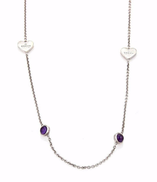 Gucci Amethyst Sterling Silver Hearts & Dots Long Chain Necklace