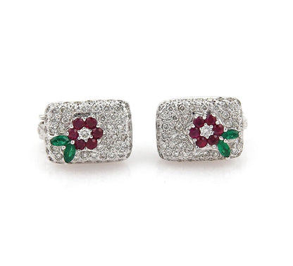Diamond Emerald Ruby 18k White Gold Floral Earrings