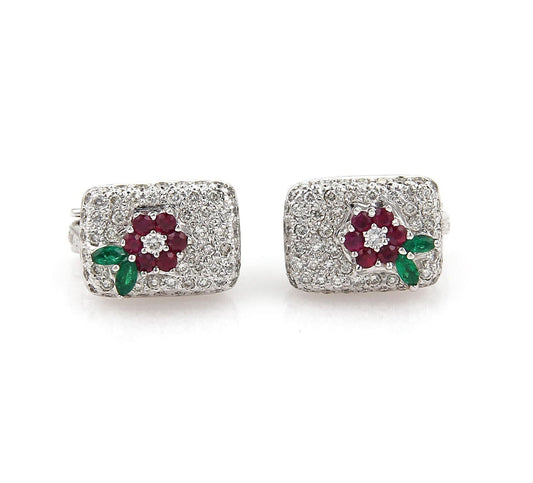 Diamond Emerald Ruby 18k White Gold Floral Earrings