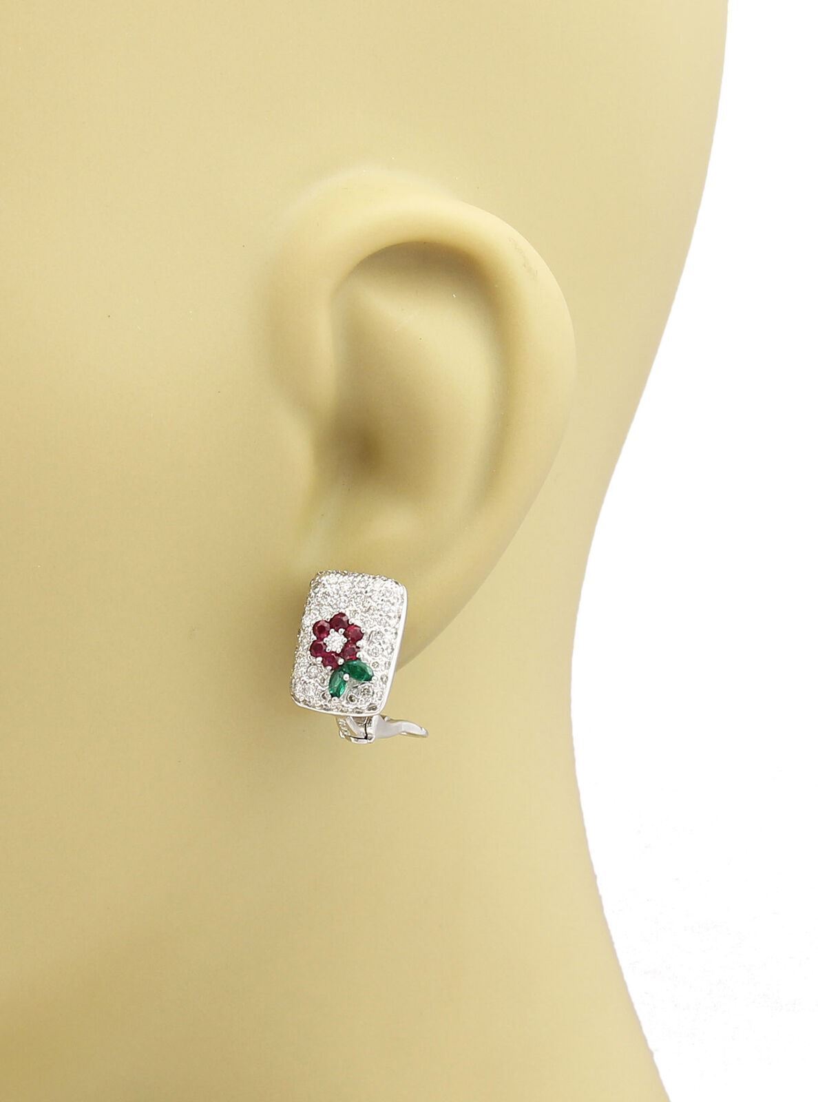 Diamond Emerald Ruby 18k White Gold Floral Earrings