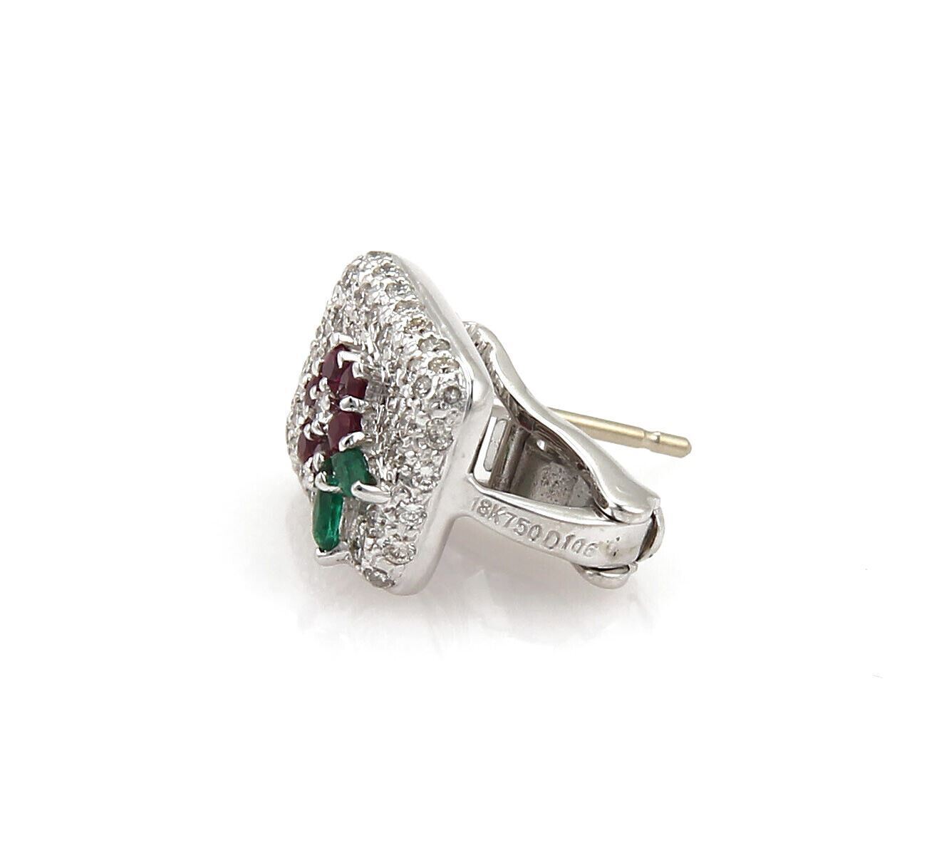 Diamond Emerald Ruby 18k White Gold Floral Earrings