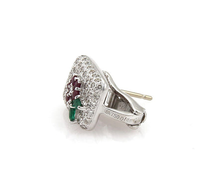 Diamond Emerald Ruby 18k White Gold Floral Earrings
