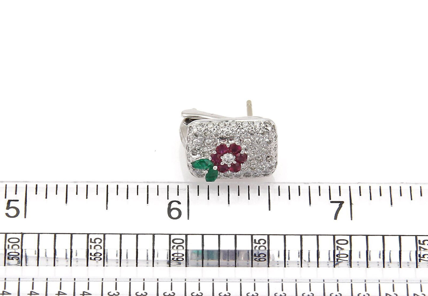 Diamond Emerald Ruby 18k White Gold Floral Earrings