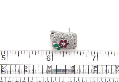 Diamond Emerald Ruby 18k White Gold Floral Earrings
