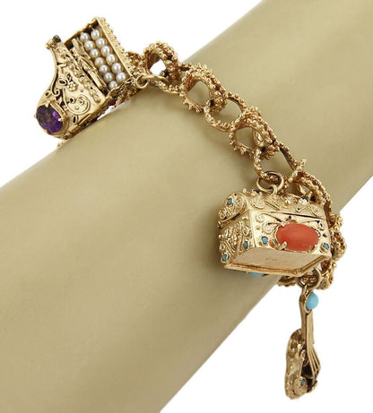 Multicolor Gemstone & Pearls 14k Yellow Gold 5 Large Charms Bracelet