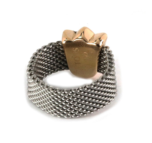 Tous 18k Gold & Stainless Tulip Charm Mesh Flex Band Ring - Size 6