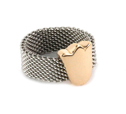 Tous 18k Gold & Stainless Tulip Charm Mesh Flex Band Ring - Size 6
