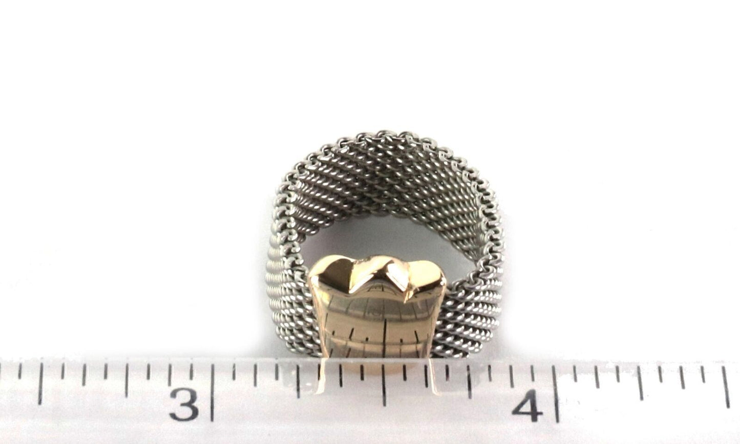 Tous 18k Gold & Stainless Tulip Charm Mesh Flex Band Ring - Size 6