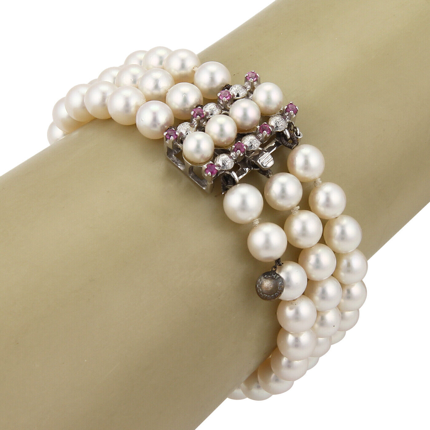 Pearls & Pink Sapphire 18k White Gold Triple Strand Bracelet