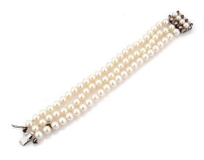 Pearls & Pink Sapphire 18k White Gold Triple Strand Bracelet