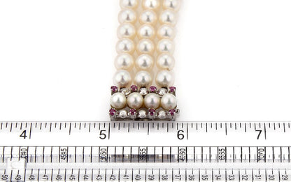 Pearls & Pink Sapphire 18k White Gold Triple Strand Bracelet