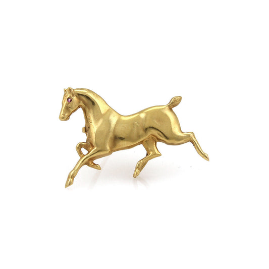 Ruby Horse 14k Yellow Gold Brooch Pin