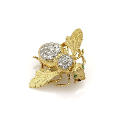 Diamonds & Emerald 18k Yellow Gold Large Bee Pin Brooch