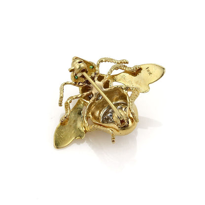 Diamonds & Emerald 18k Yellow Gold Large Bee Pin Brooch