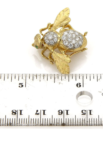 Diamonds & Emerald 18k Yellow Gold Large Bee Pin Brooch