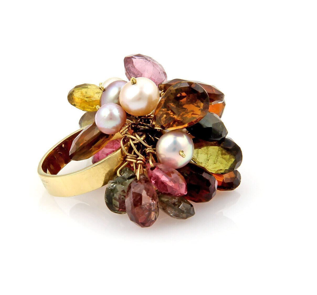 Multi Color Briolette Gemstone & Pearls 18k Yellow Gold Dangle Ring - Size 6