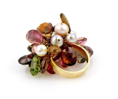 Multi Color Briolette Gemstone & Pearls 18k Yellow Gold Dangle Ring - Size 6