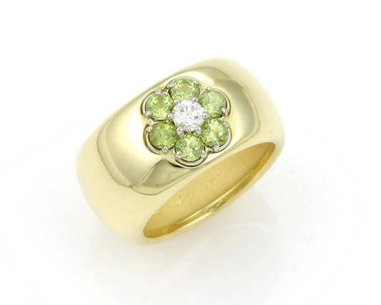 Hammerman Brothers Diamond Peridot 18k Yellow Gold Wide Band Ring - Size 6