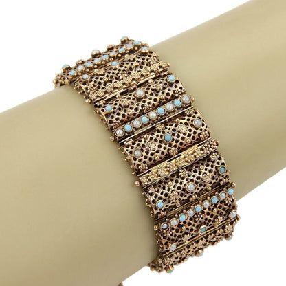 Seed Pearl & Turquoise 18k Yellow Gold Wide Bracelet