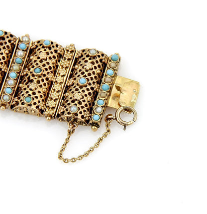 Seed Pearl & Turquoise 18k Yellow Gold Wide Bracelet