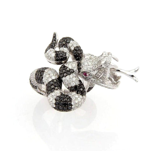 Rattle Snake 18k White Gold Black & White Diamonds Ring - Size 7.5