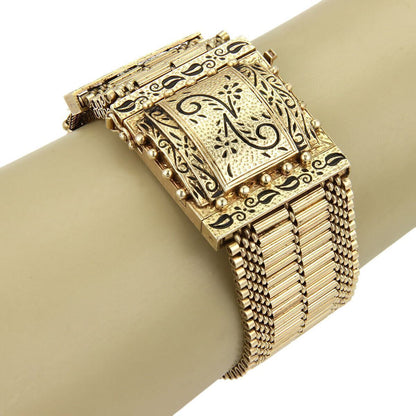 Retro Hidden Geneva Watch 14k Gold & Enamel Wide Belt & Buckle Tassel Bracelet