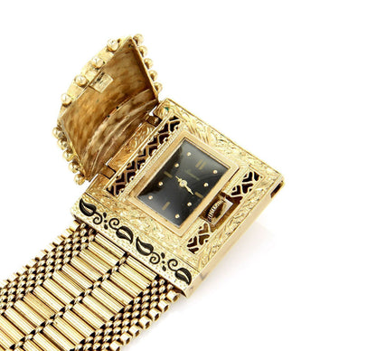 Retro Hidden Geneva Watch 14k Gold & Enamel Wide Belt & Buckle Tassel Bracelet