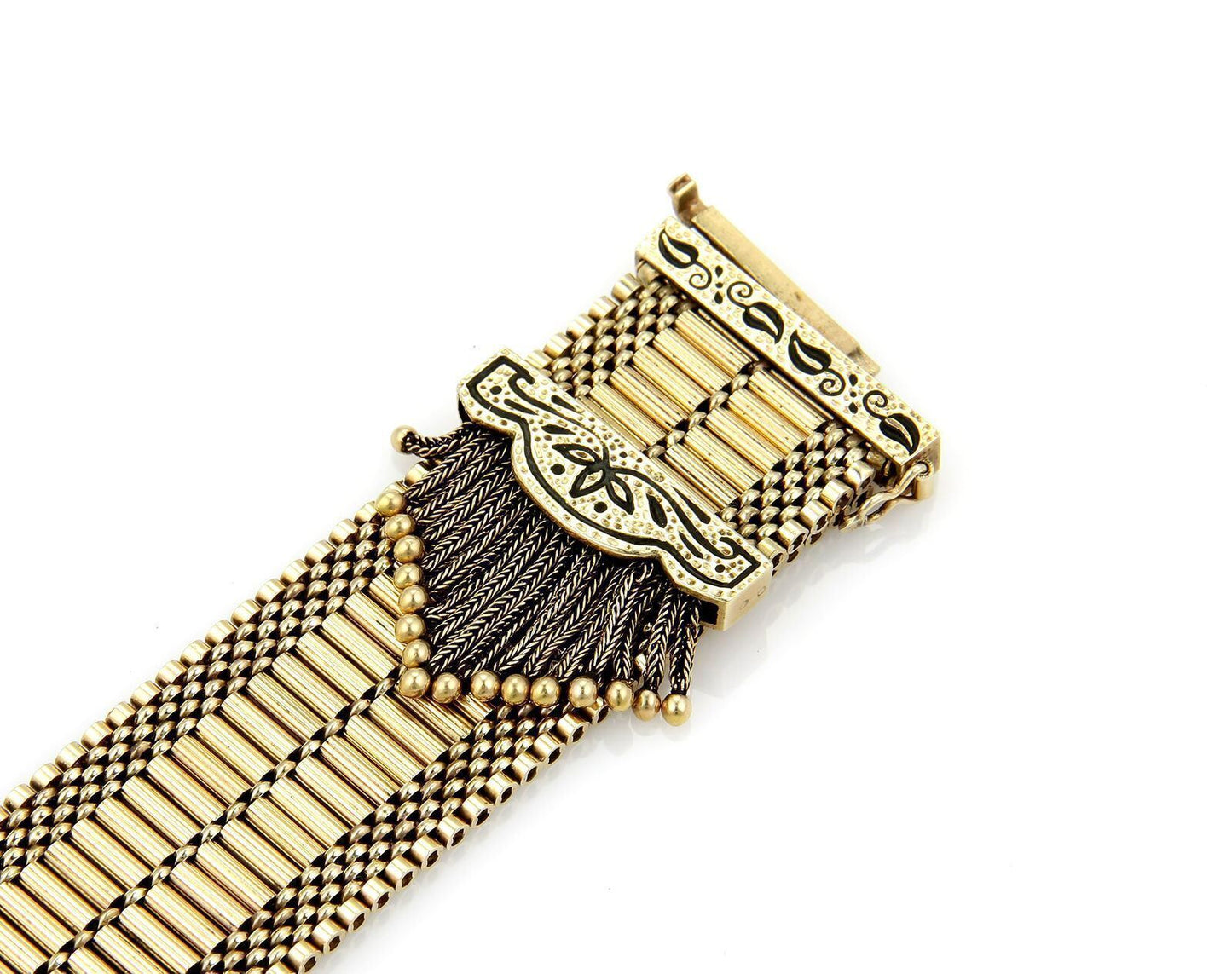 Retro Hidden Geneva Watch 14k Gold & Enamel Wide Belt & Buckle Tassel Bracelet