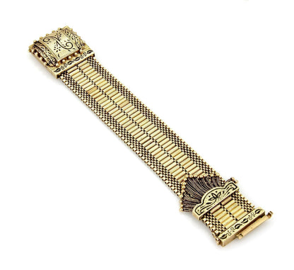 Retro Hidden Geneva Watch 14k Gold & Enamel Wide Belt & Buckle Tassel Bracelet