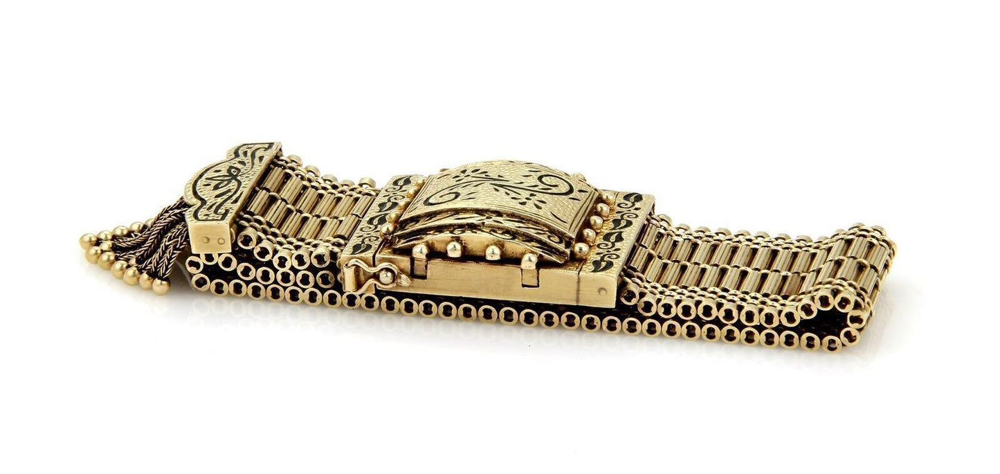 Retro Hidden Geneva Watch 14k Gold & Enamel Wide Belt & Buckle Tassel Bracelet