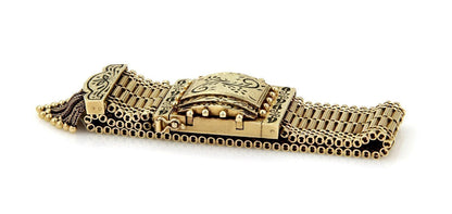 Retro Hidden Geneva Watch 14k Gold & Enamel Wide Belt & Buckle Tassel Bracelet