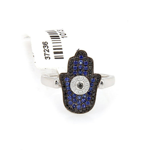 Evil Eye Hamsa 18k White Gold  Diamond & Black Blue Sapphires Ring - Size 6.5