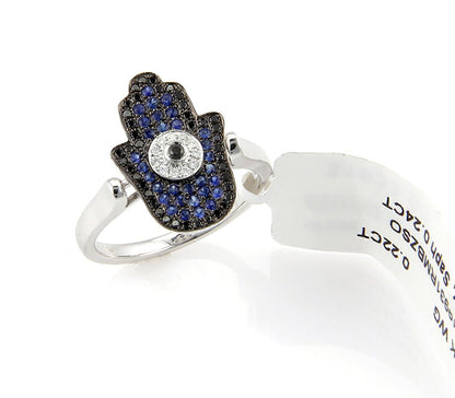 Evil Eye Hamsa 18k White Gold  Diamond & Black Blue Sapphires Ring - Size 6.5