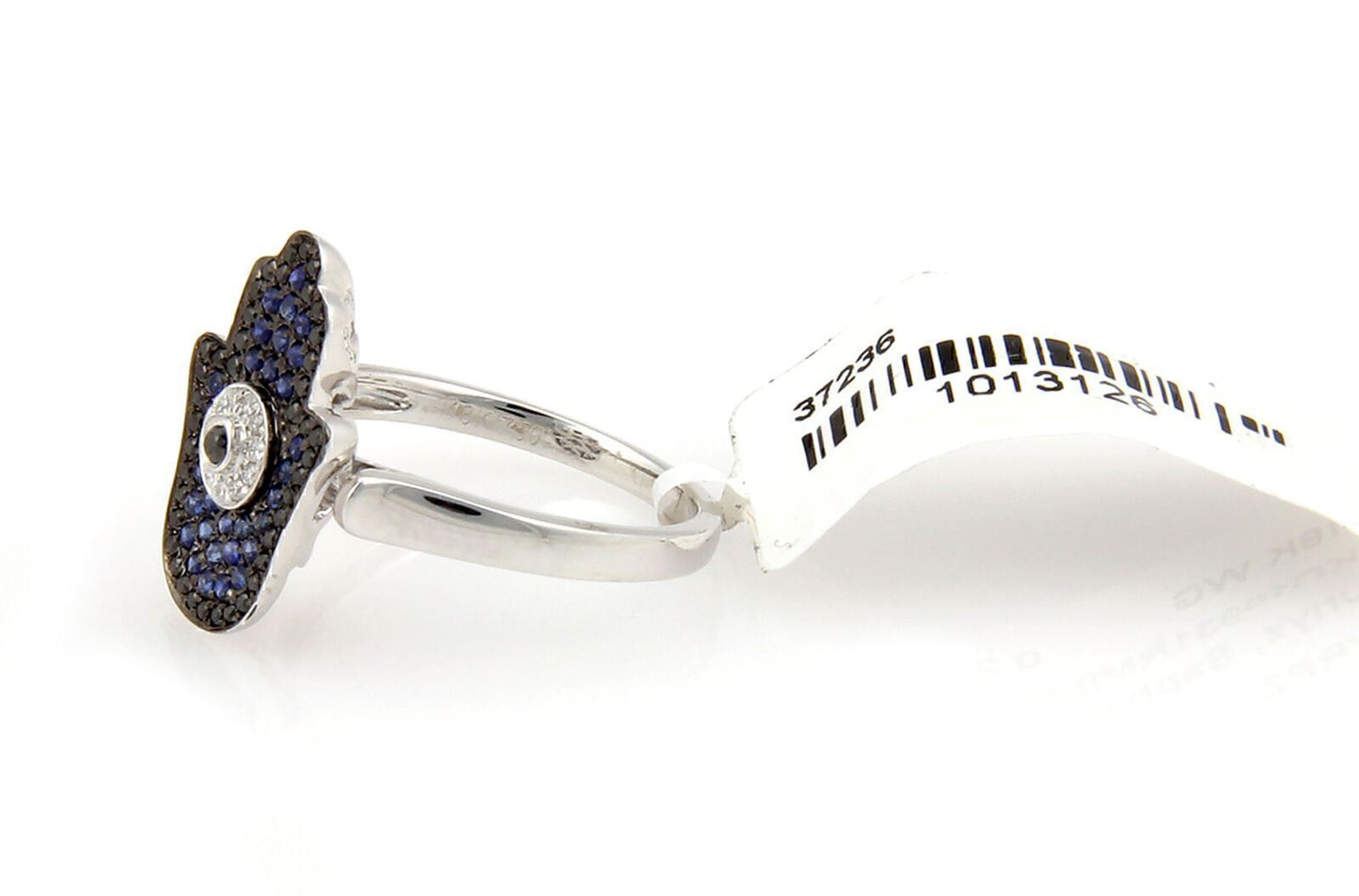 Evil Eye Hamsa 18k White Gold  Diamond & Black Blue Sapphires Ring - Size 6.5