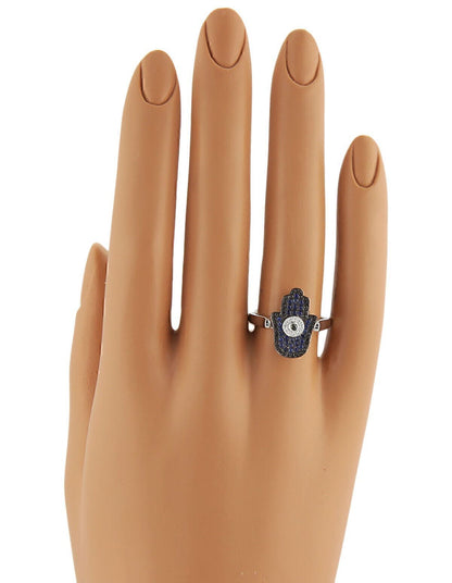 Evil Eye Hamsa 18k White Gold  Diamond & Black Blue Sapphires Ring - Size 6.5