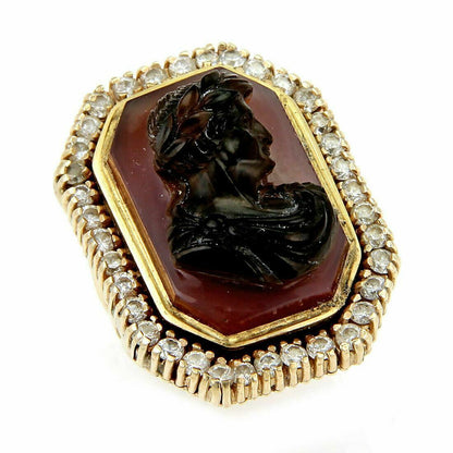 Diamond & Carnelian High Relief Carved 14k Gold Julius Caesar Ring - Size 7