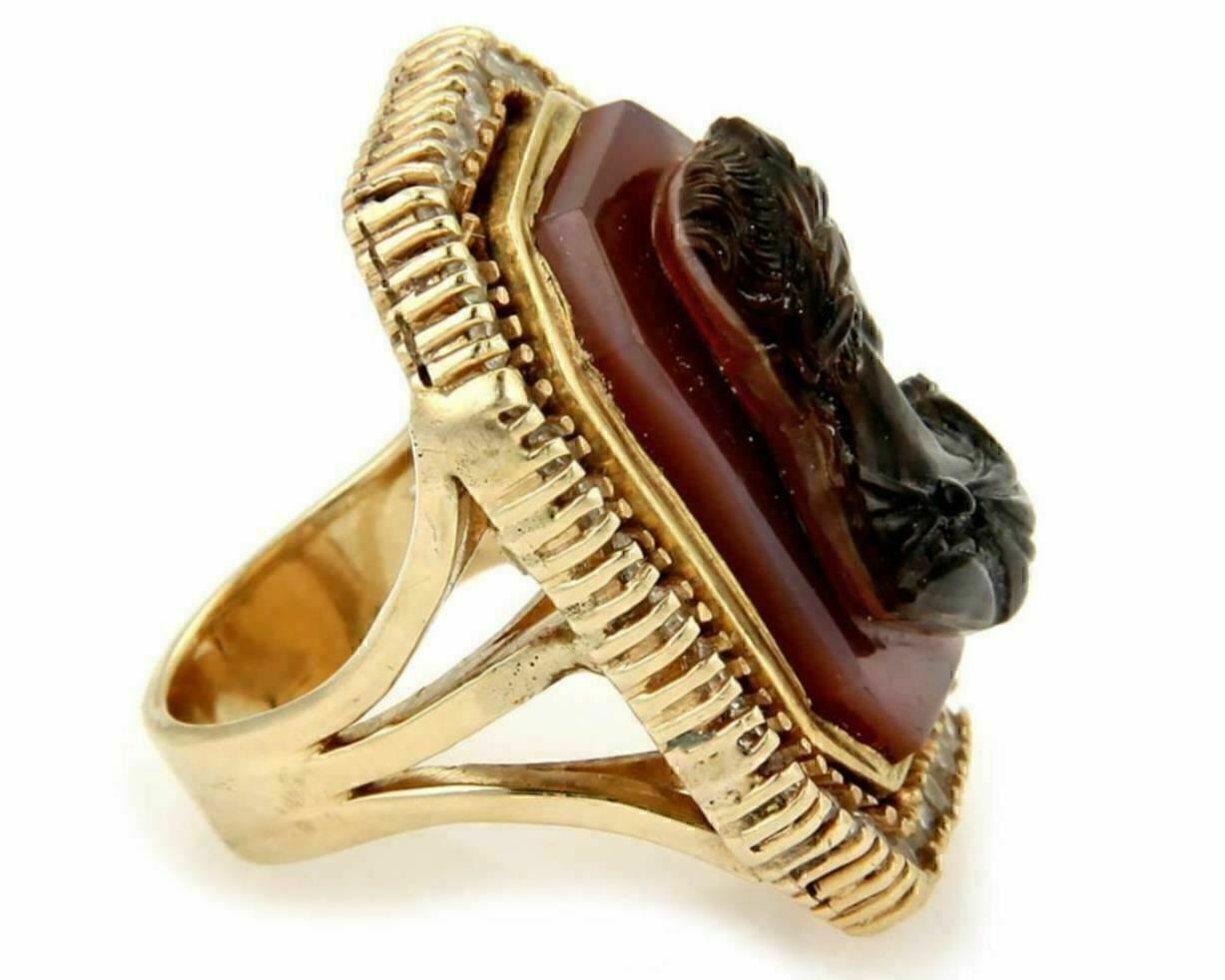 Diamond & Carnelian High Relief Carved 14k Gold Julius Caesar Ring - Size 7