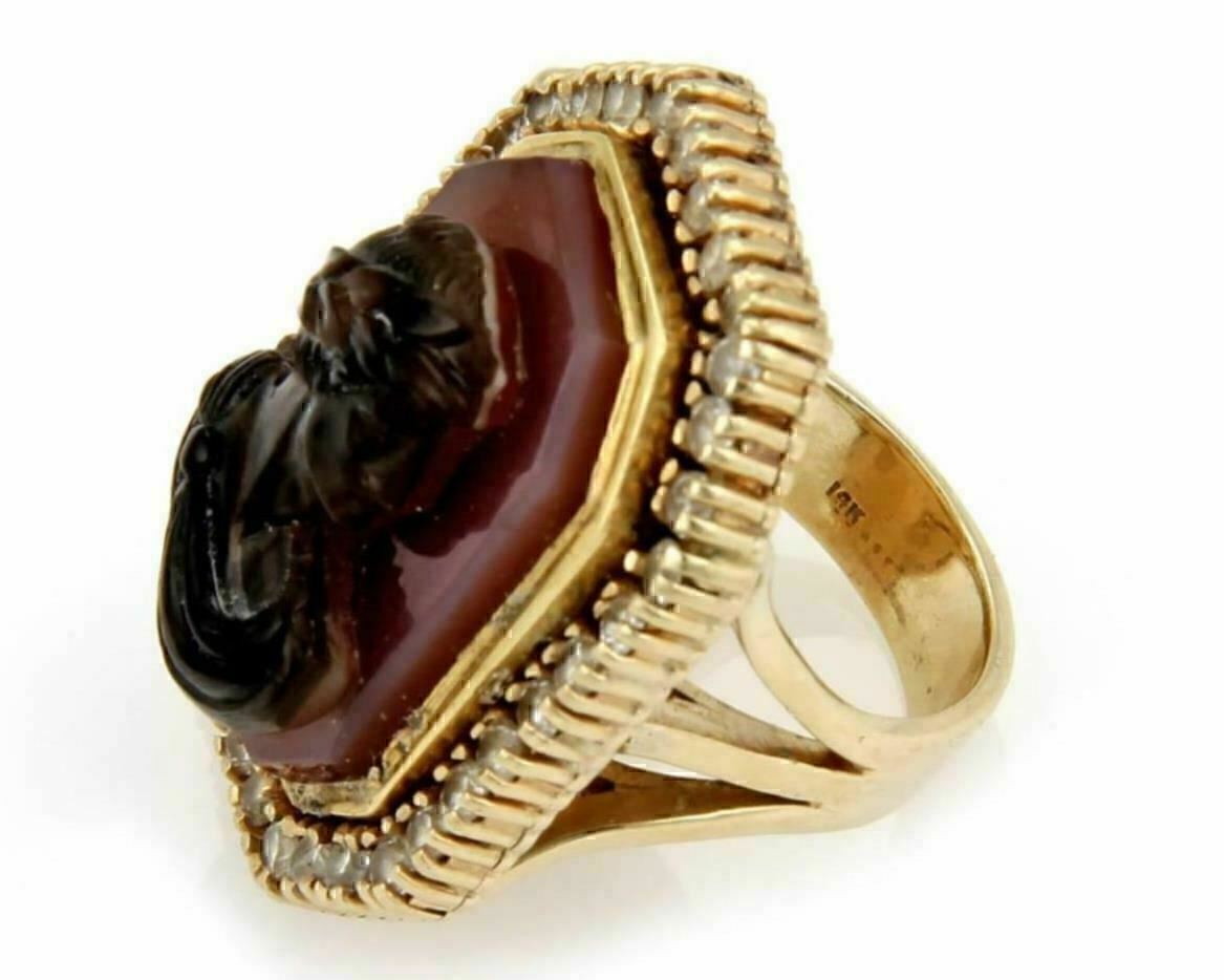 Diamond & Carnelian High Relief Carved 14k Gold Julius Caesar Ring - Size 7