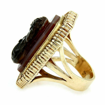 Diamond & Carnelian High Relief Carved 14k Gold Julius Caesar Ring - Size 7