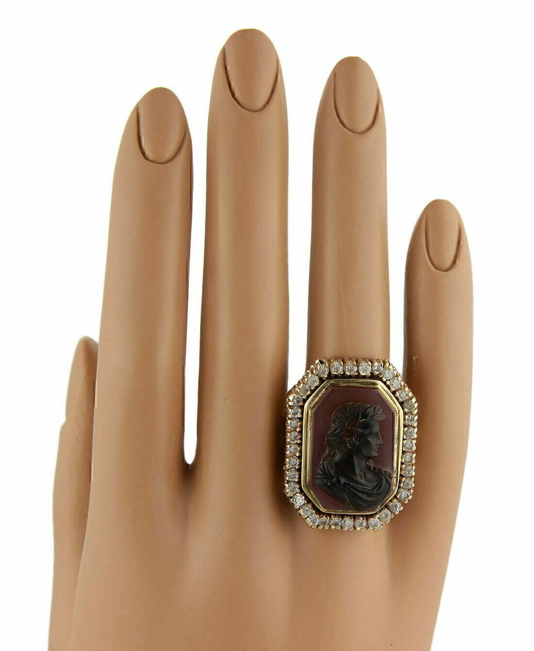 Diamond & Carnelian High Relief Carved 14k Gold Julius Caesar Ring - Size 7