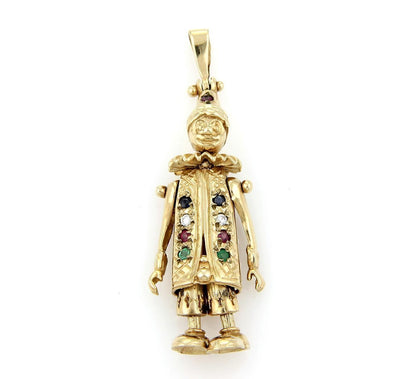 Diamond & Gemstone Animated Movable 9k Yellow Gold Clown Charm Pendant