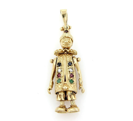 Diamond & Gemstone Animated Movable 9k Yellow Gold Clown Charm Pendant