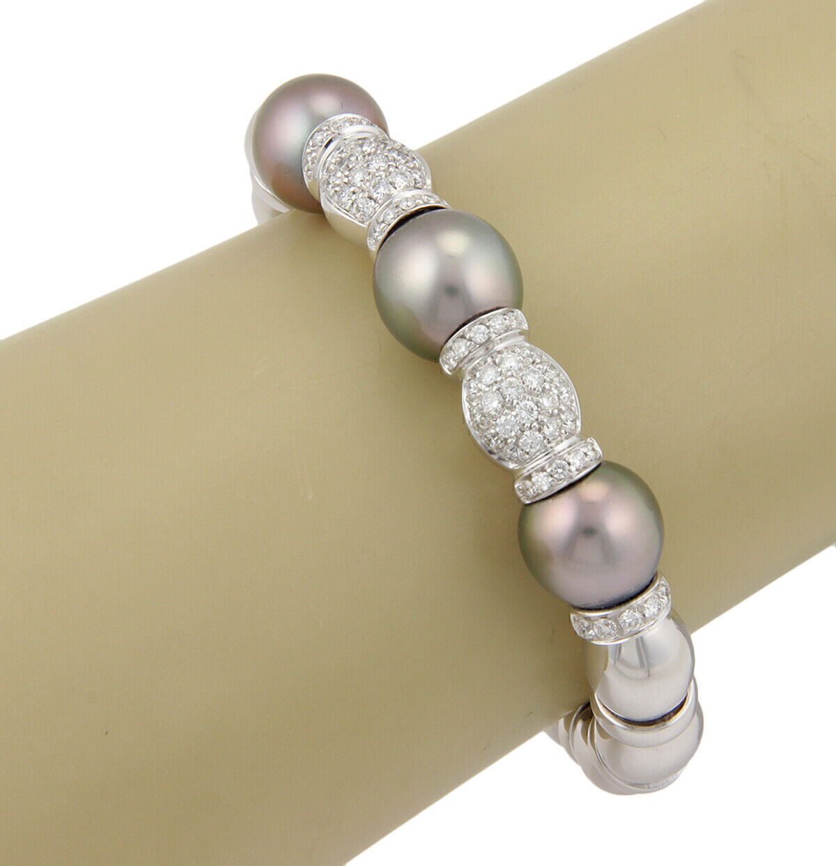 Diamond South Sea Grey Pearls 18k White Gold Fancy Cuff Bangle Bracelet