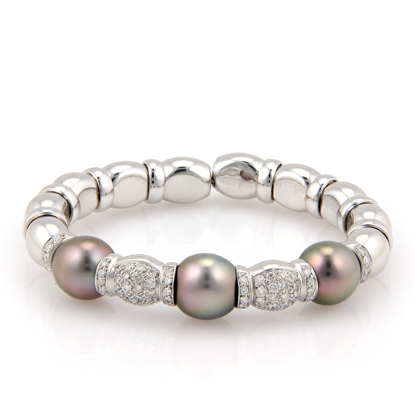 Diamond South Sea Grey Pearls 18k White Gold Fancy Cuff Bangle Bracelet