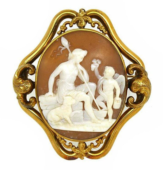 Oval Shell Cameo Mythological 14k Yellow Gold Pin Brooch