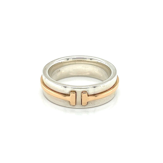 Tiffany & Co. T 2 Sterling Silver 18k Rose Gold  Narrow Band Ring - Size 4.5