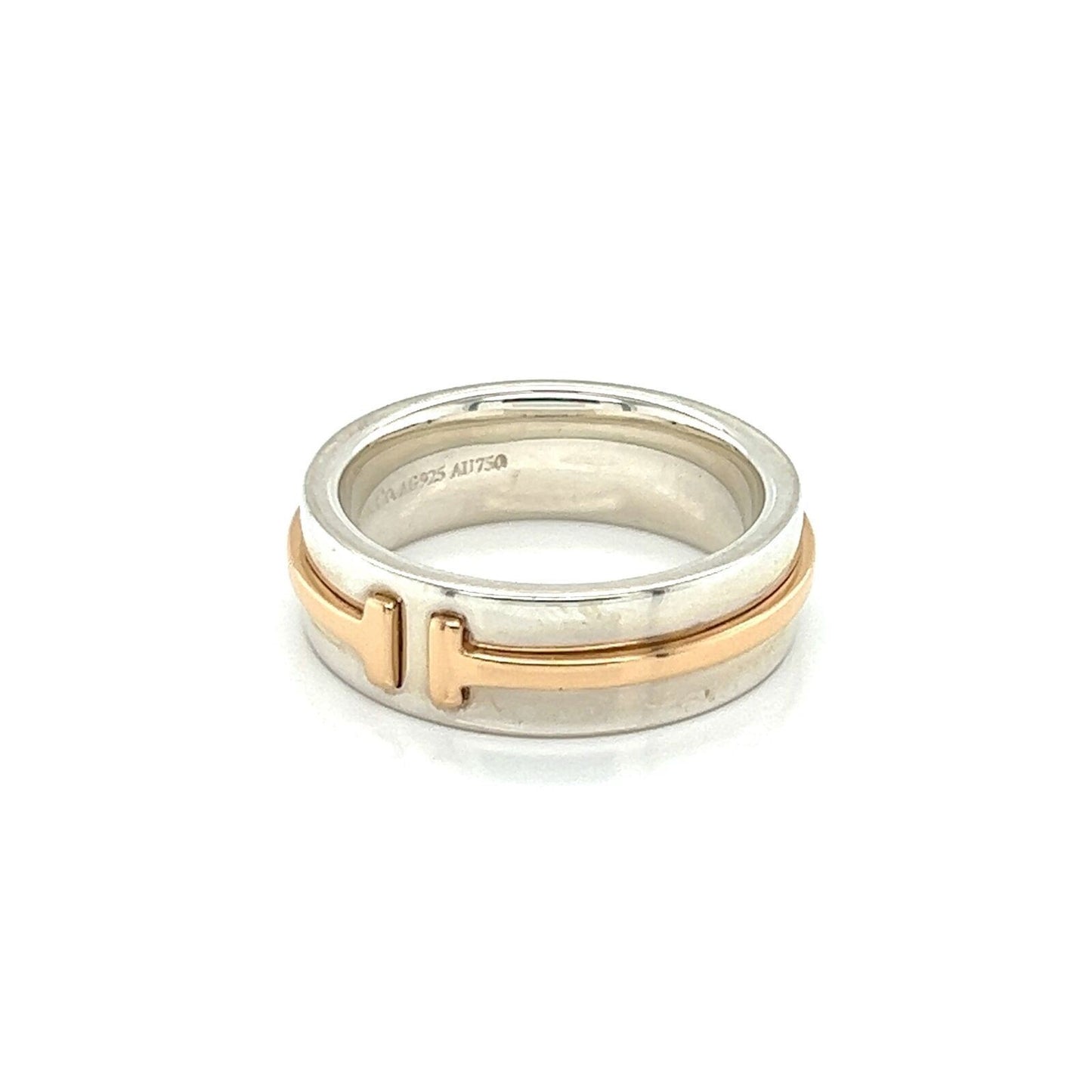 Tiffany & Co. T 2 Sterling Silver 18k Rose Gold  Narrow Band Ring - Size 4.5